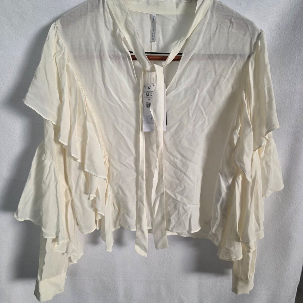 NWT ZARA Women's Cream Sheer Ruffled Tie Neck Long Sleeve Blouse Top